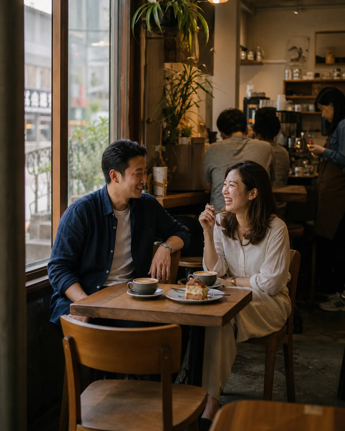Two people talking in a café; brand scene.