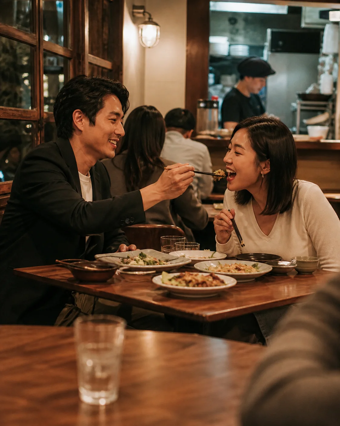 Two Hong Kong professionals in their thirties at dinner; brand scene.