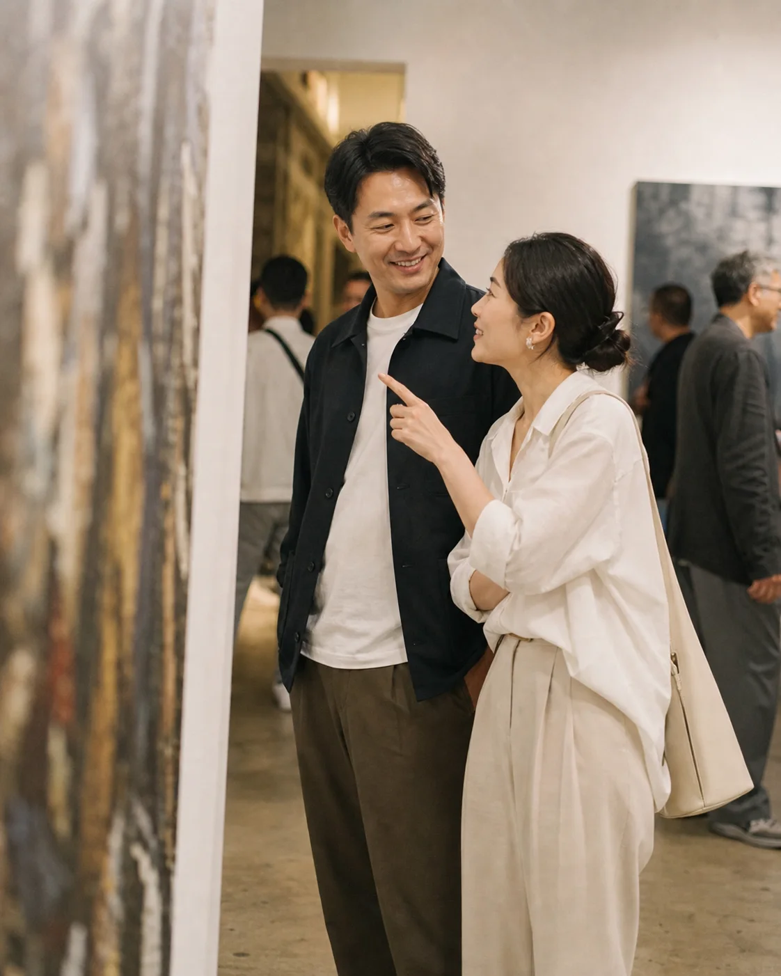 Two Hong Kong adults looking at art together in a gallery; brand scene.