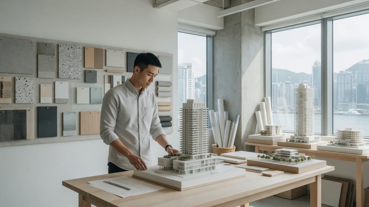 香港專業人士在工作室;品牌情境示意。