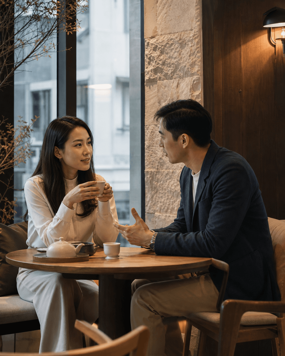 兩人在咖啡店傾偈;品牌情境示意。